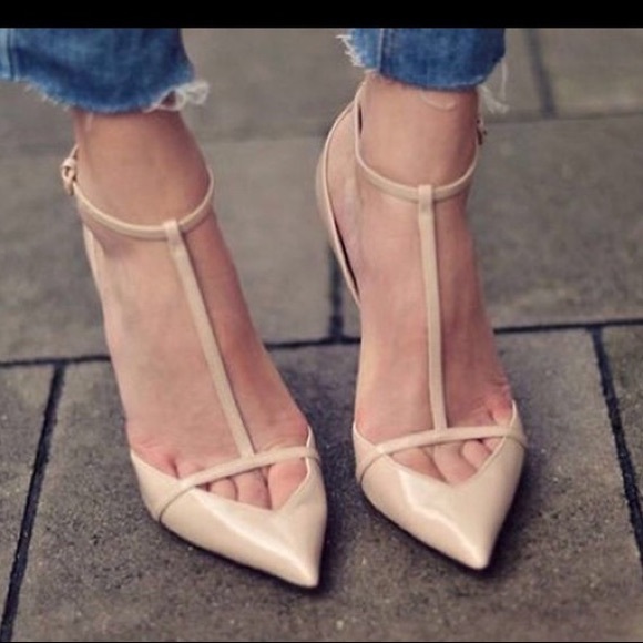 Zara Shoes - Zara RARE t strap patent leather nude heels 8.5